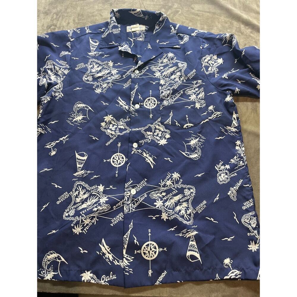 VTG 1970's Hukilau Fashions Blue Map Hawaiian Shirt Size Large Nautical Boats